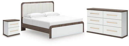 Mazilar King Upholstered Bed, Dresser and Nightstand