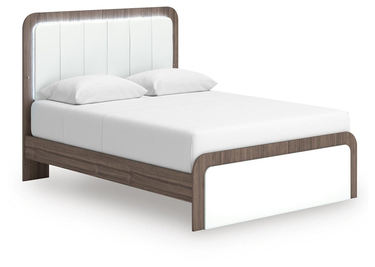 Mazilar Queen Upholstered Platform Bed, Dresser and Mirror