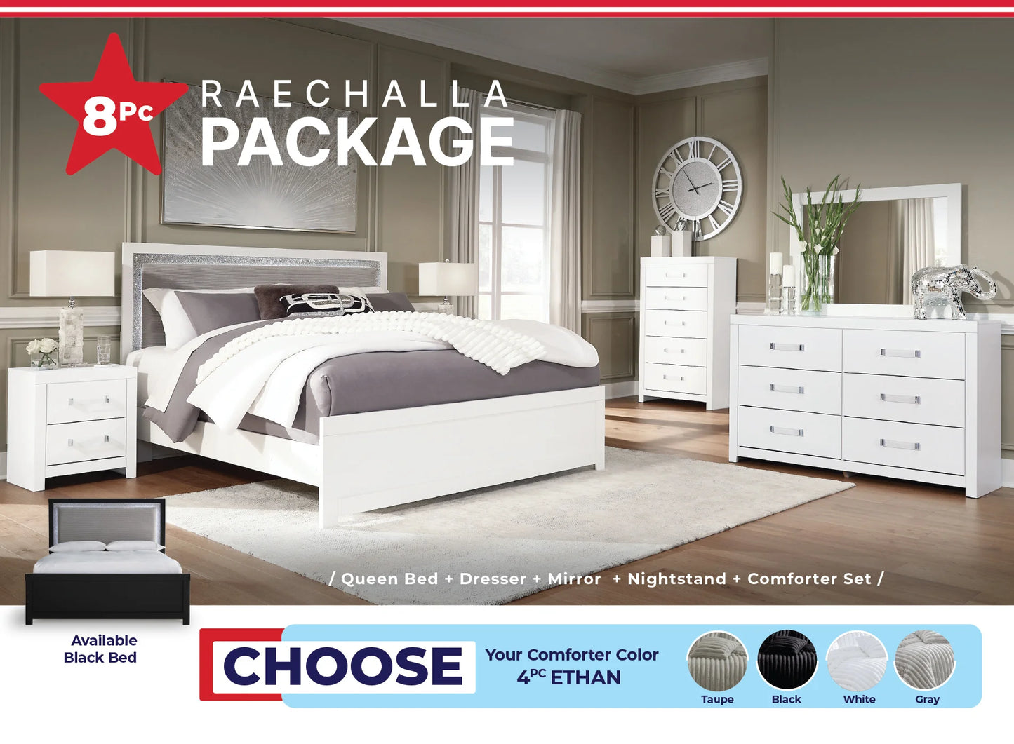 Raechalla Queen Panel Bed 4PC Bedroom Set with Comforter Kit