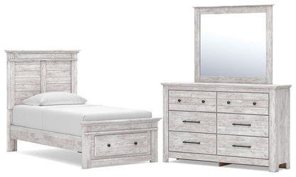 Makidern Twin Panel Storage Bed, Dresser and Mirror