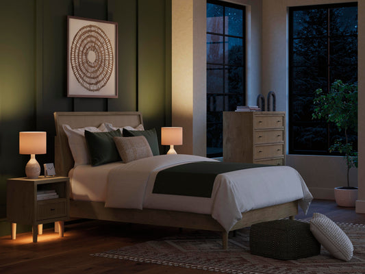Cielden Queen Panel Bed with Mirrored Dresser and Nightstand