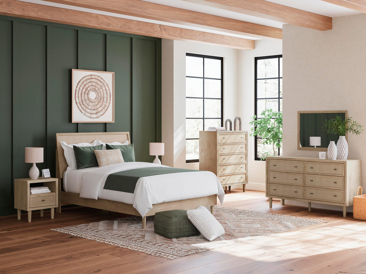 Cielden Queen Panel Bed with Mirrored Dresser and Nightstand