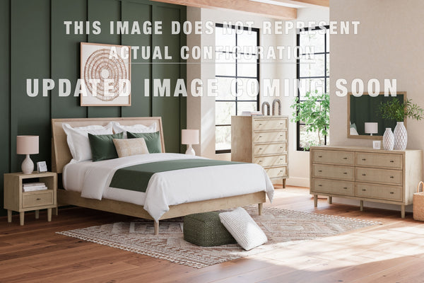 Cielden Queen Upholstered Bed with Roll Slats, Dresser, Mirror, Chest and Nightstand