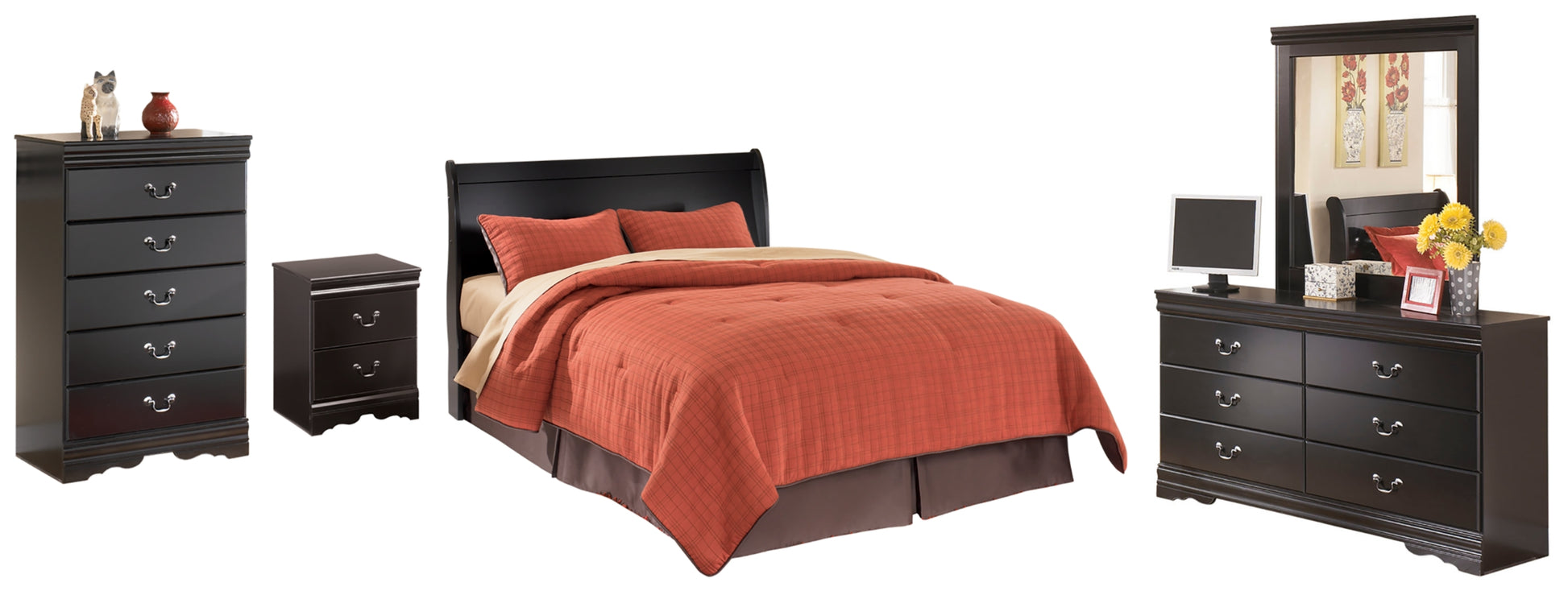 Huey Vineyard Queen Sleigh Headboard Bed with Mirrored Dresser, Chest and Nightstand