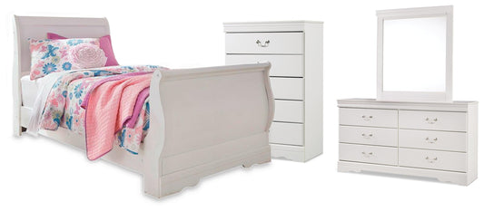 Anarasia Twin Sleigh Bed with Mirrored Dresser and Chest