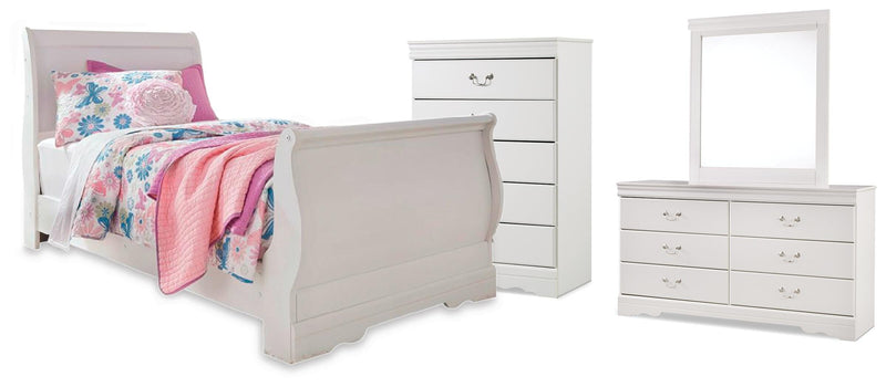Anarasia Twin Sleigh Bed with Mirrored Dresser and Chest