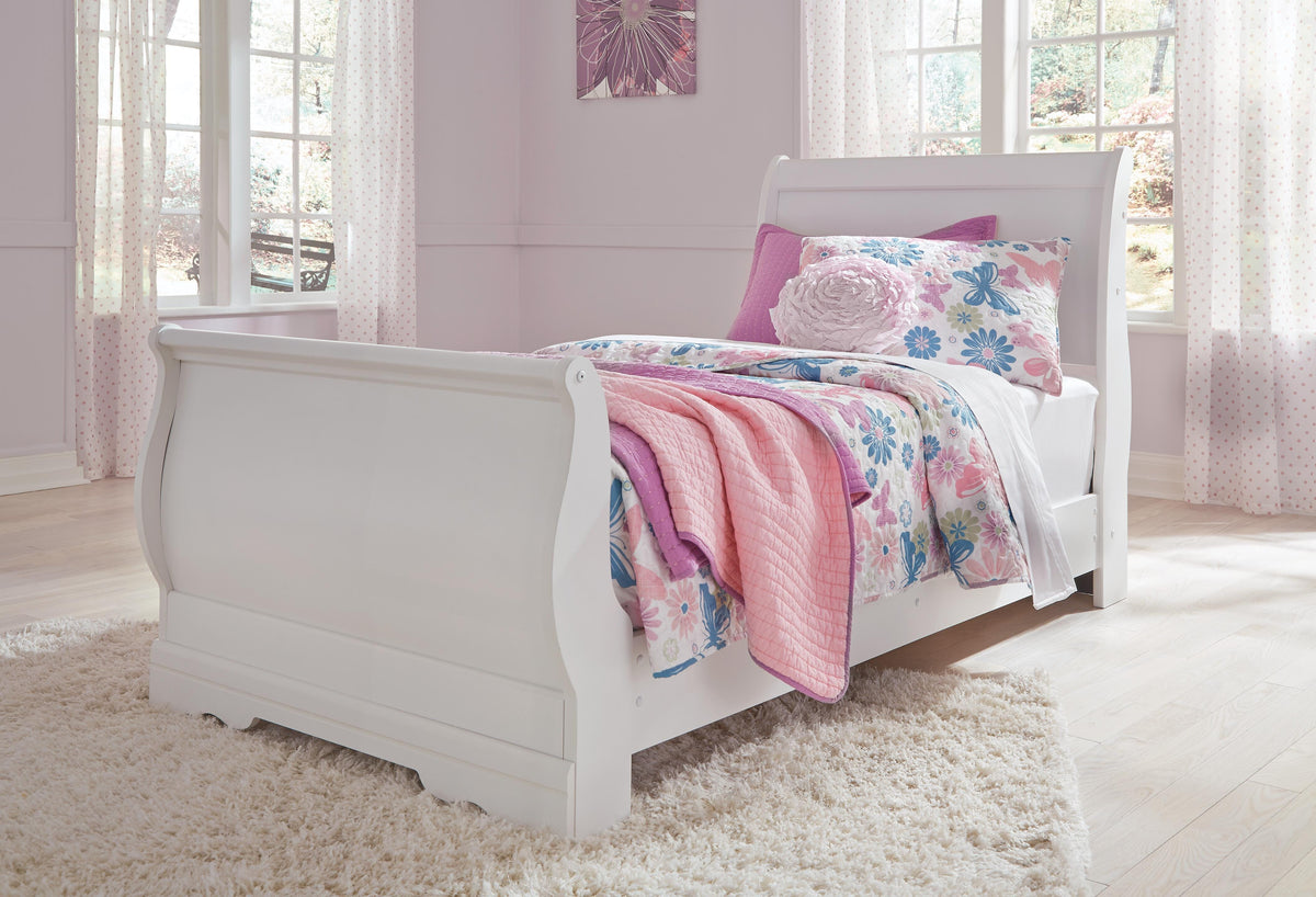 Anarasia Twin Sleigh Bed with Mirrored Dresser and Chest