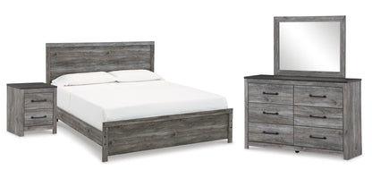 Bronyan King Panel Bed with Mirrored Dresser and Nightstand