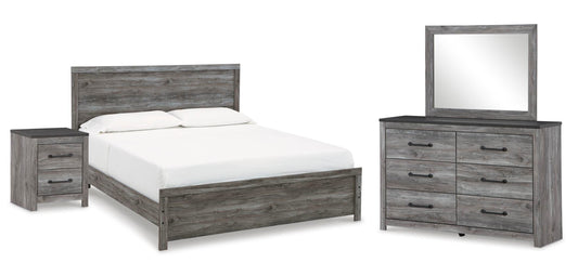 Bronyan King Panel Bed with Mirrored Dresser and Nightstand