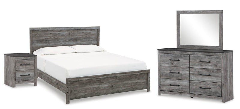 Bronyan King Panel Bed with Mirrored Dresser and Nightstand