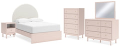 Wistenpine Full Upholstered Panel Bed with Mirrored Dresser, Chest and Nightstand