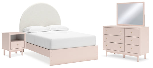 Wistenpine Full Upholstered Panel Bed with Mirrored Dresser and Nightstand
