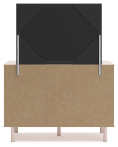 Wistenpine Full Upholstered Panel Headboard with Mirrored Dresser and Nightstand