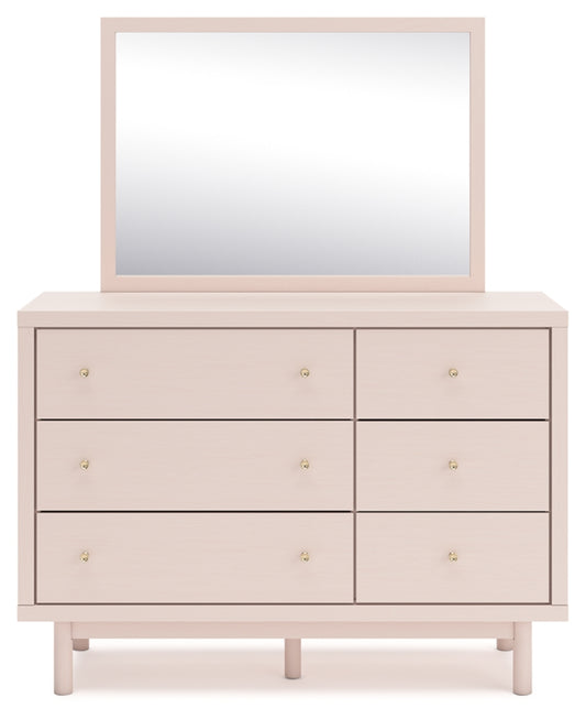 Wistenpine Twin Upholstered Panel Headboard with Mirrored Dresser and Chest