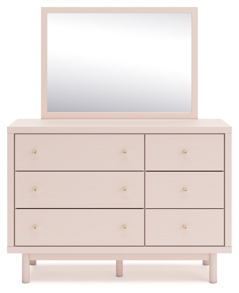 Wistenpine Twin Upholstered Panel Headboard with Mirrored Dresser and Nightstand