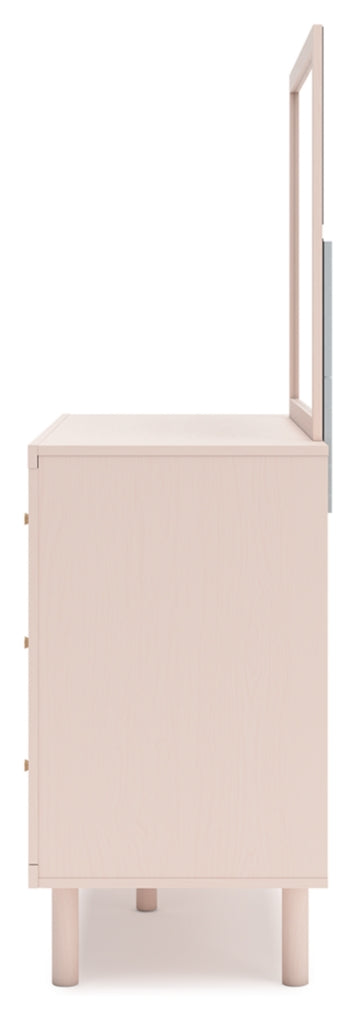Wistenpine Full Upholstered Panel Headboard with Mirrored Dresser
