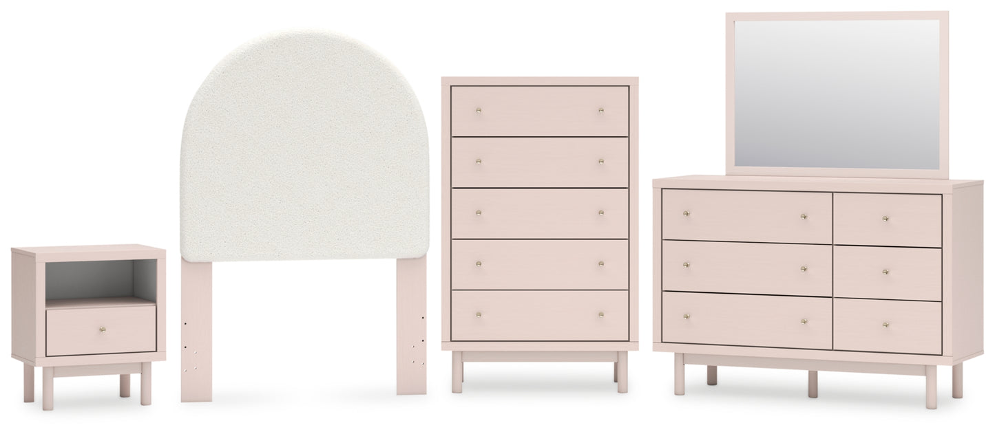 Wistenpine Twin Upholstered Panel Headboard with Mirrored Dresser, Chest and Nightstand