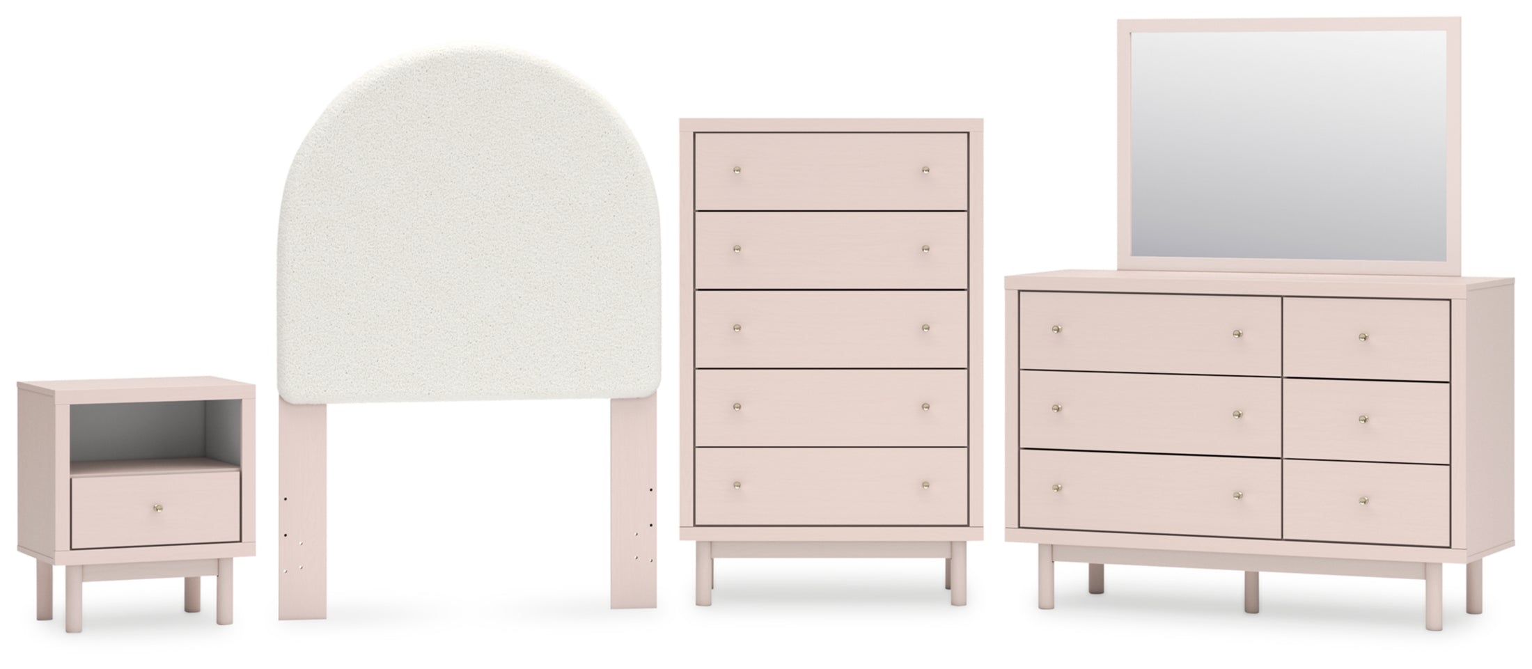 Wistenpine Twin Upholstered Panel Headboard with Mirrored Dresser, Chest and Nightstand