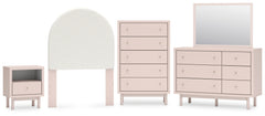 Wistenpine Twin Upholstered Panel Headboard with Mirrored Dresser, Chest and Nightstand