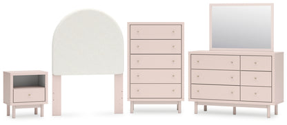 Wistenpine Twin Upholstered Panel Headboard with Mirrored Dresser, Chest and Nightstand