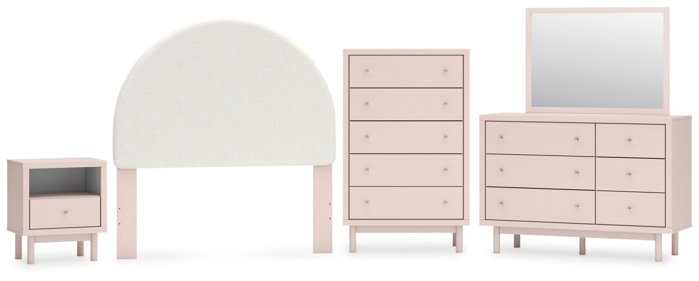 Wistenpine Full Upholstered Panel Headboard with Mirrored Dresser, Chest and Nightstand