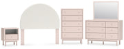 Wistenpine Full Upholstered Panel Headboard with Mirrored Dresser, Chest and Nightstand