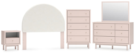 Wistenpine Full Upholstered Panel Headboard with Mirrored Dresser, Chest and Nightstand
