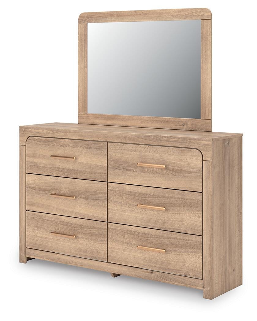 Kinlanni Queen Upholstered Panel Bed, Dresser, Mirror and Nightstand