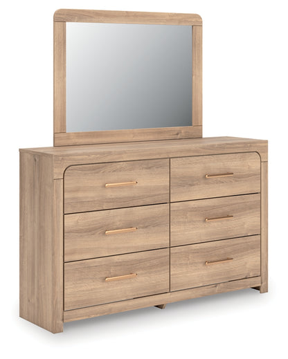 Kinlanni Queen Upholstered Panel Bed, Dresser, Mirror and Nightstand