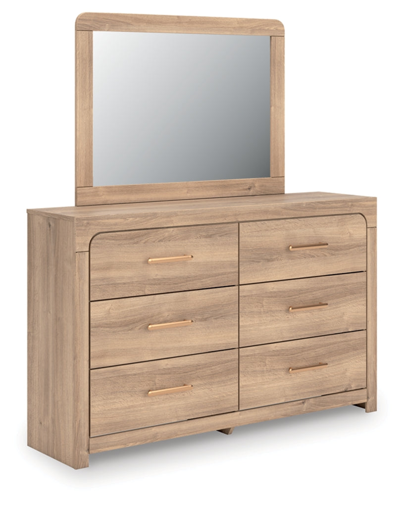 Kinlanni Queen Upholstered Panel Bed, Dresser and Mirror