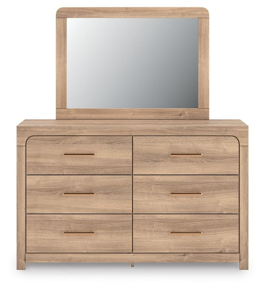 Kinlanni Queen Upholstered Panel Bed, Dresser, Mirror and Nightstand