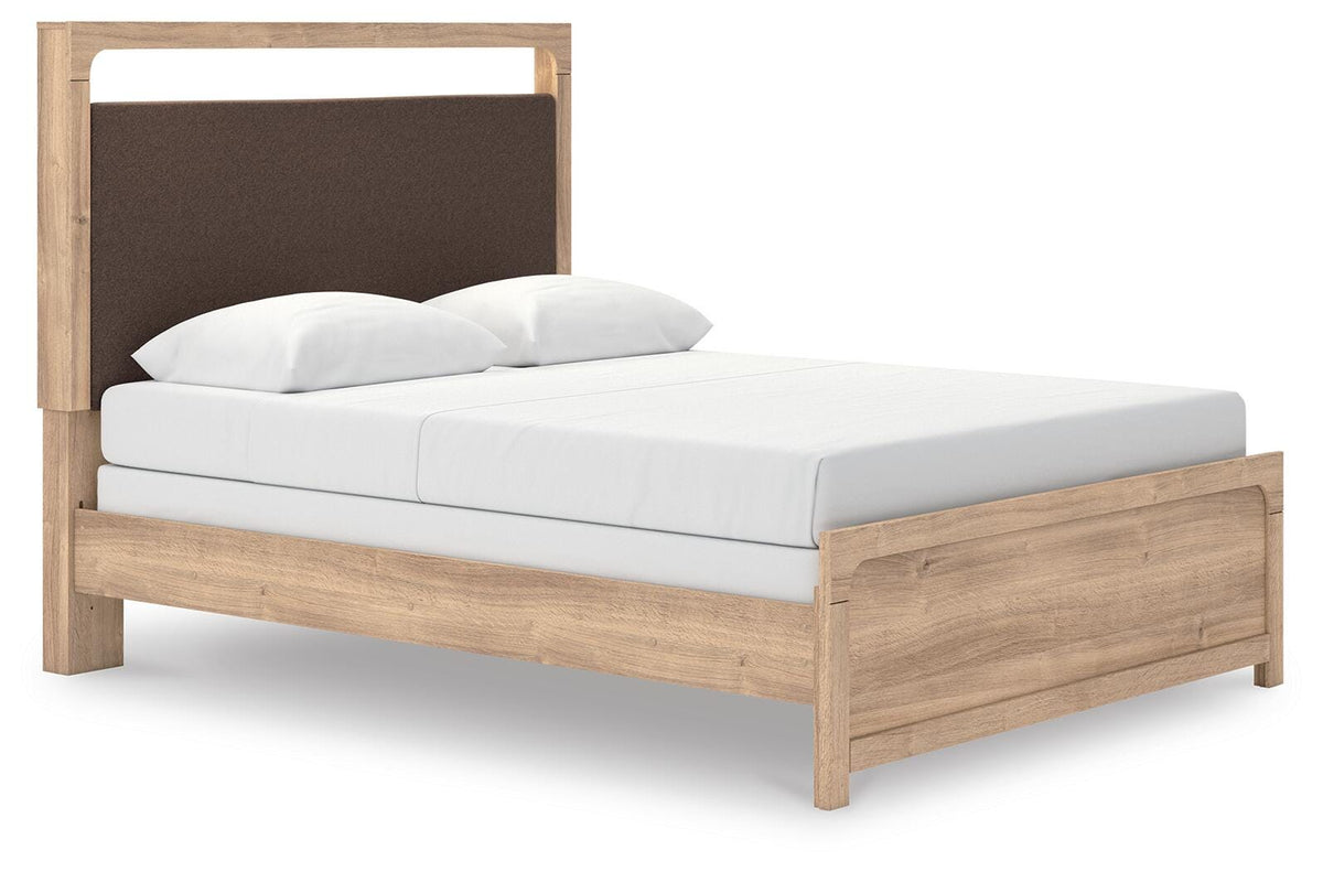 Kinlanni Queen Upholstered Panel Bed, Dresser, Mirror and Nightstand