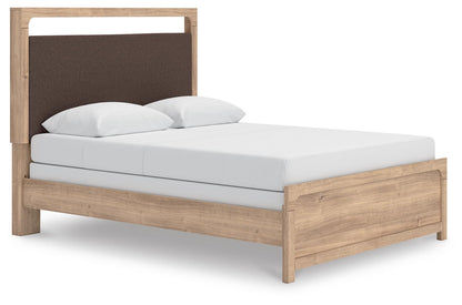 Kinlanni Queen Upholstered Panel Bed, Dresser, Mirror and Nightstand