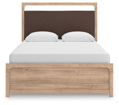 Kinlanni Queen Upholstered Panel Bed, Dresser, Mirror and Nightstand