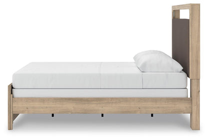 Kinlanni Queen Upholstered Panel Bed, Dresser, Mirror and Nightstand