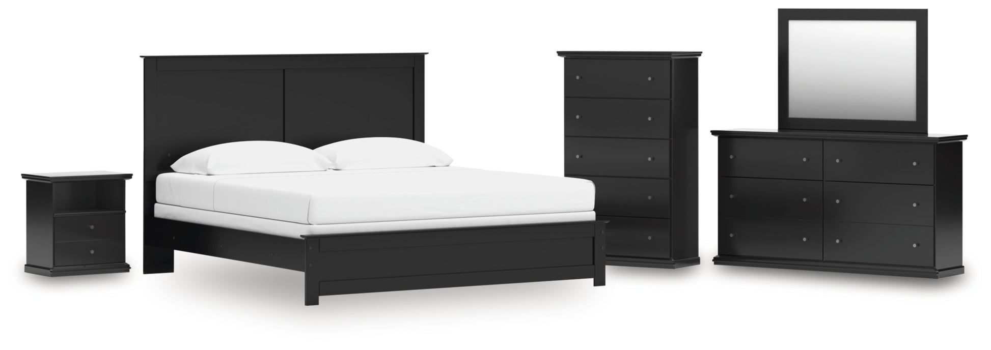 Maribel King Panel Bed, Dresser, Mirror, Chest and Nightstand