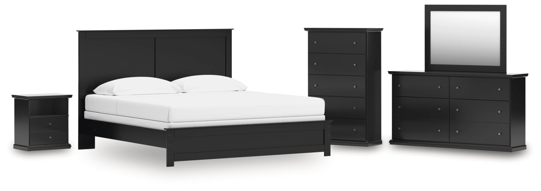 Maribel King Panel Bed, Dresser, Mirror, Chest and Nightstand