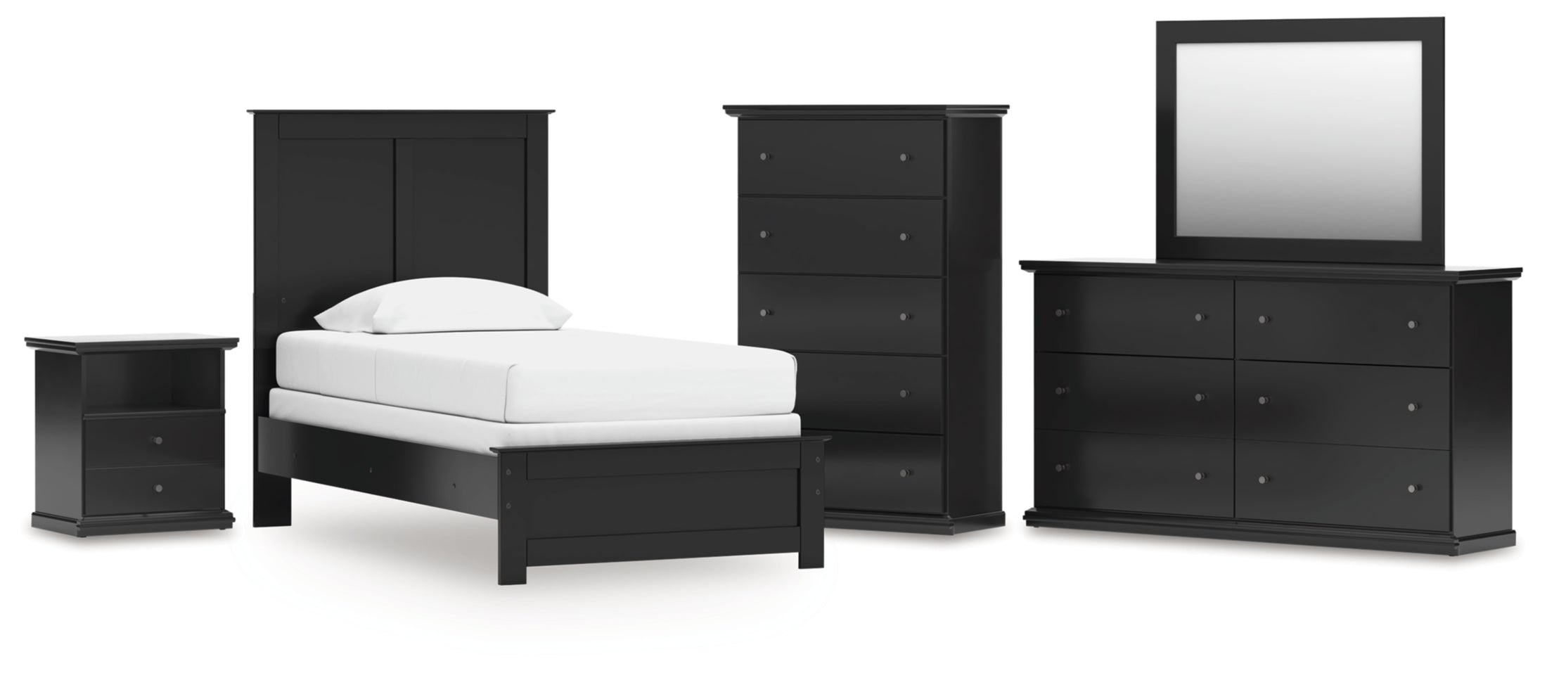 Maribel Twin Panel Bed, Dresser, Mirror, Chest and Nightstand