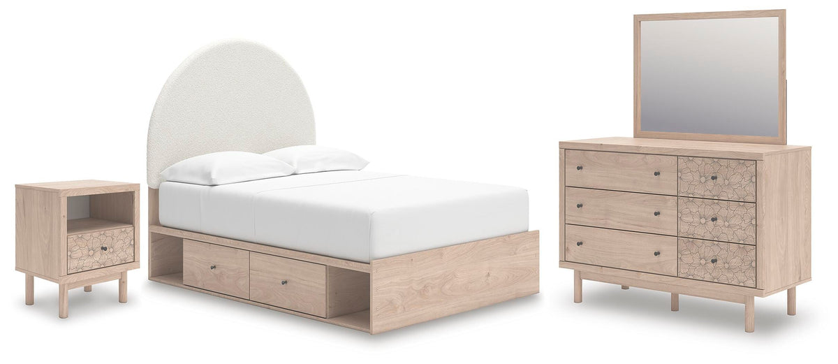 Arloster Full Upholstered Panel Bed with Storage, Dresser, Mirror and Nightstand
