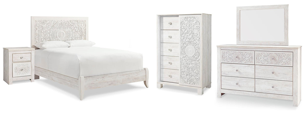 Paxberry Queen Panel Bed with Mirrored Dresser, Chest and Nightstand