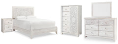 Paxberry Queen Panel Bed with Mirrored Dresser, Chest and Nightstand