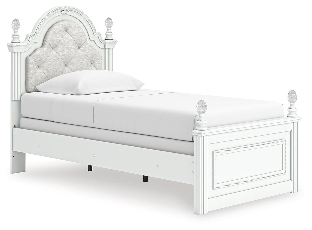 Kozlani Twin Upholstered Panel Bed, Dresser and Mirror