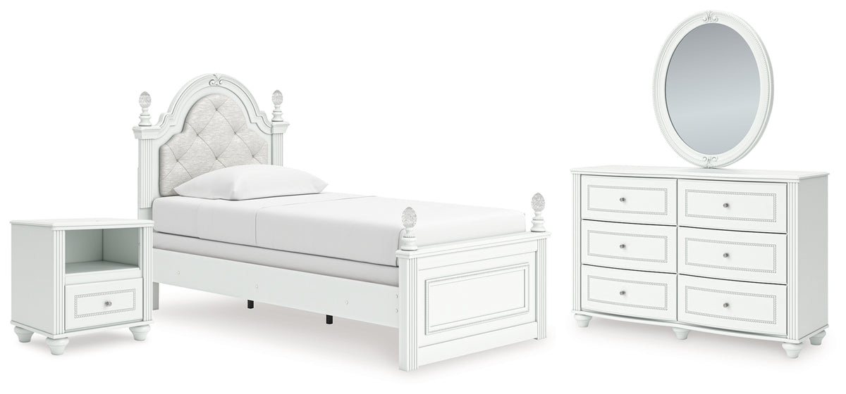 Kozlani Twin Upholstered Panel Bed, Dresser, Mirror and Nightstand
