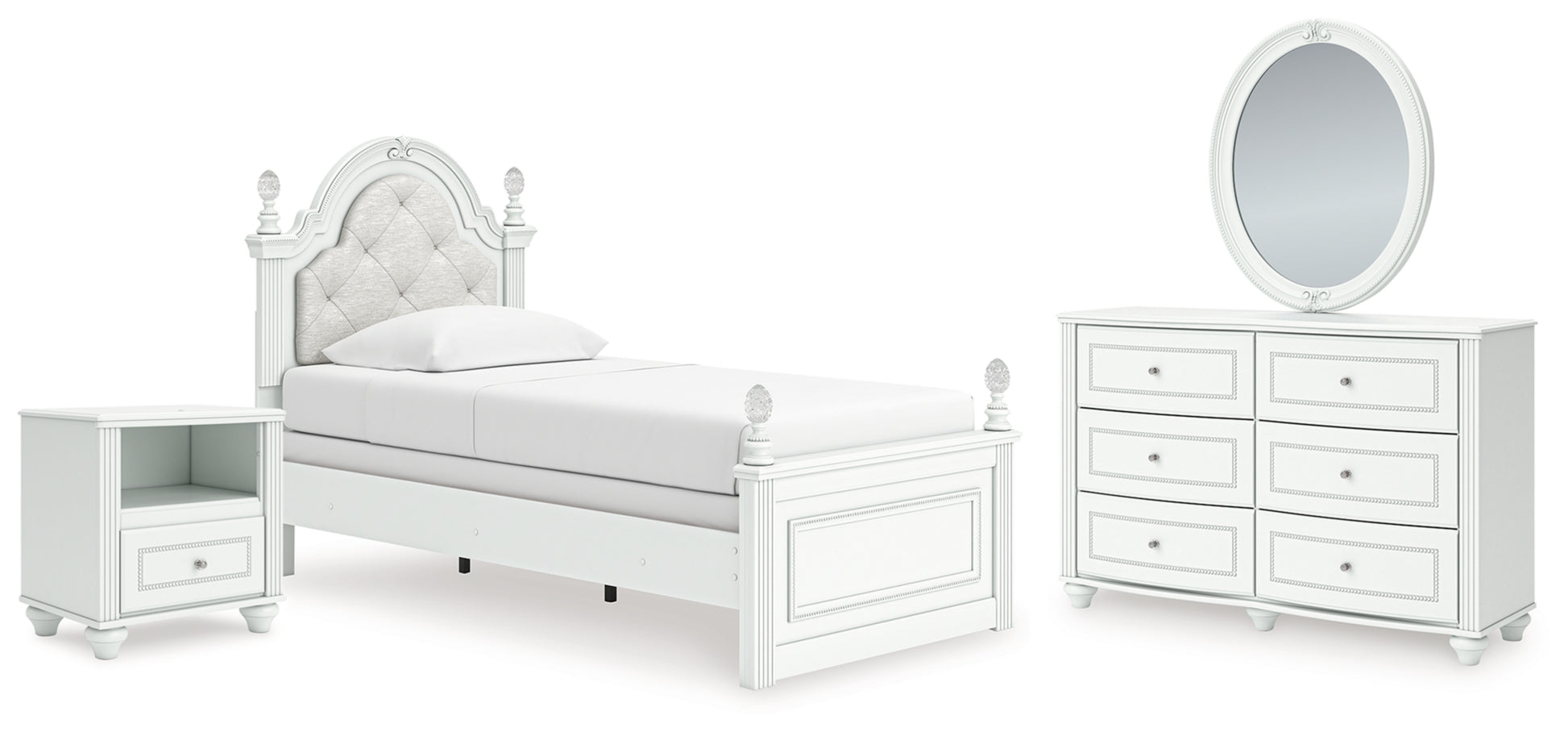 Kozlani Twin Upholstered Panel Bed, Dresser, Mirror and Nightstand