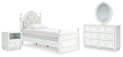 Kozlani Twin Upholstered Panel Bed, Dresser, Mirror and Nightstand