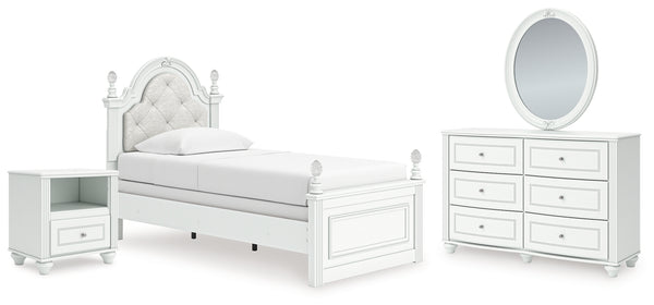 Kozlani Twin Upholstered Panel Bed, Dresser, Mirror and Nightstand