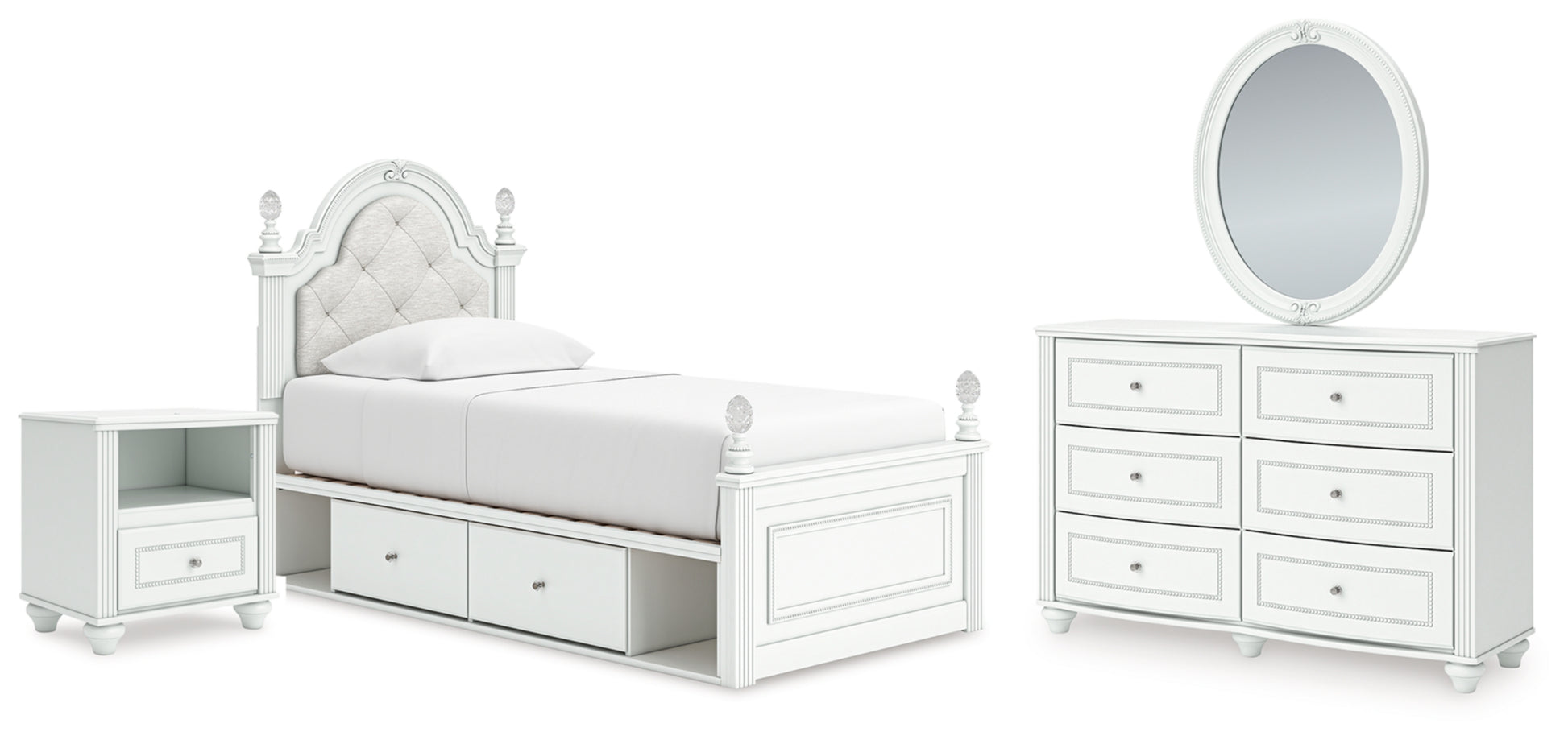 Kozlani Twin Upholstered Panel Storage Bed, Dresser, Mirror and Nightstand