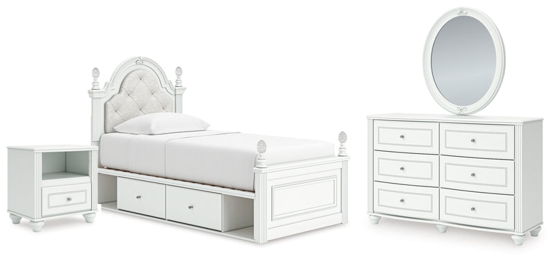Kozlani Twin Upholstered Panel Storage Bed, Dresser, Mirror and Nightstand