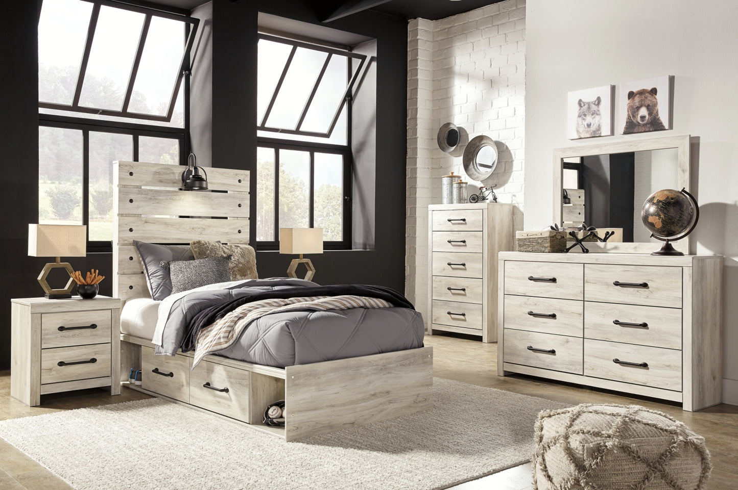 Cambeck Twin Panel Bed with 2 Storage Drawers with Mirrored Dresser, Chest and Nightstand