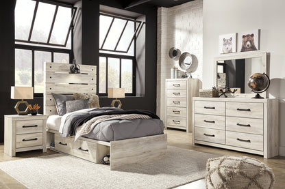 Cambeck Twin Panel Bed with 2 Storage Drawers with Mirrored Dresser, Chest and Nightstand